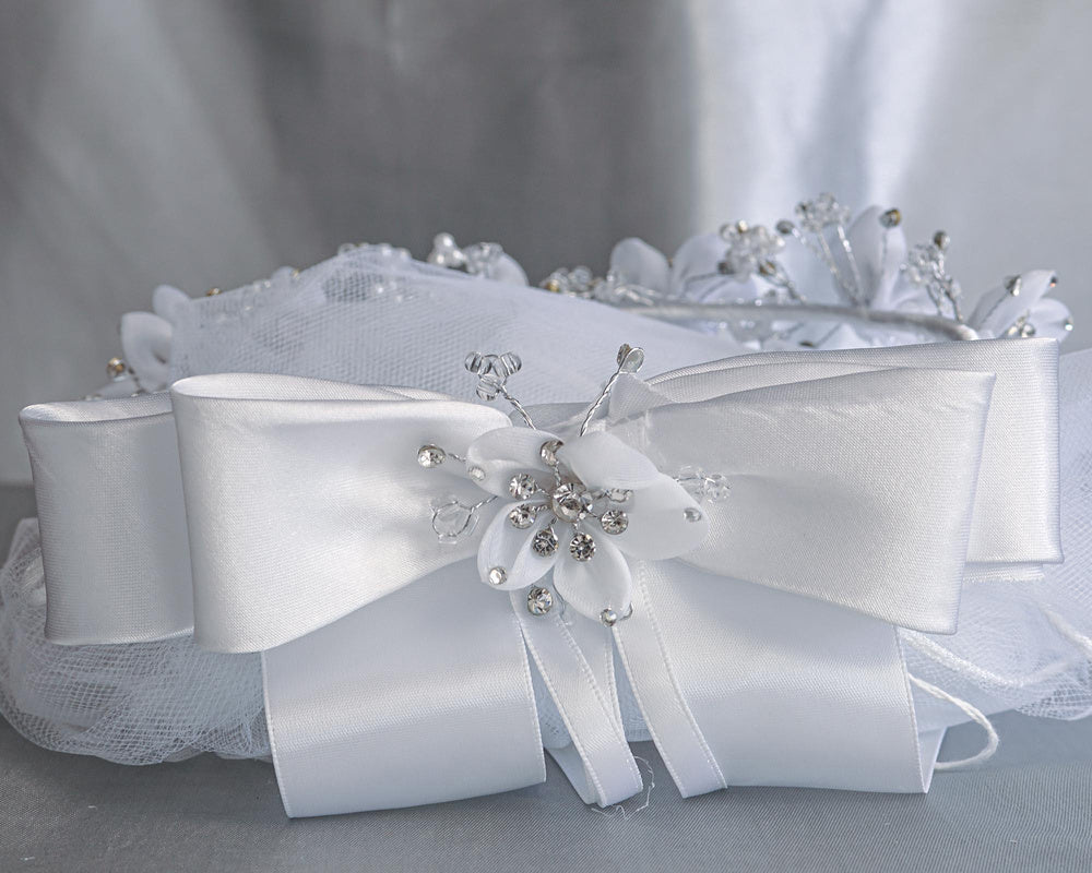 T-466 - 24" Organza Flower, Pearl & Rhinestone Communion Veil - white - T 466 CB Back