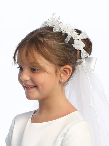 T-426 - 24" Organza Flower & Lace Ribbon Communion Veil - white - T 426 Front