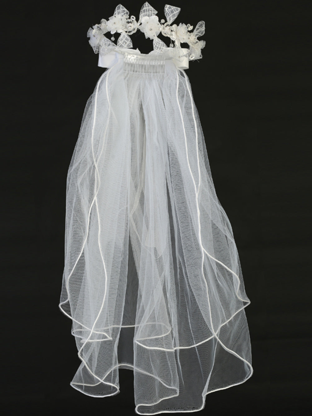 T-426 - 24" Organza Flower & Lace Ribbon Communion Veil - white - T 426 full front
