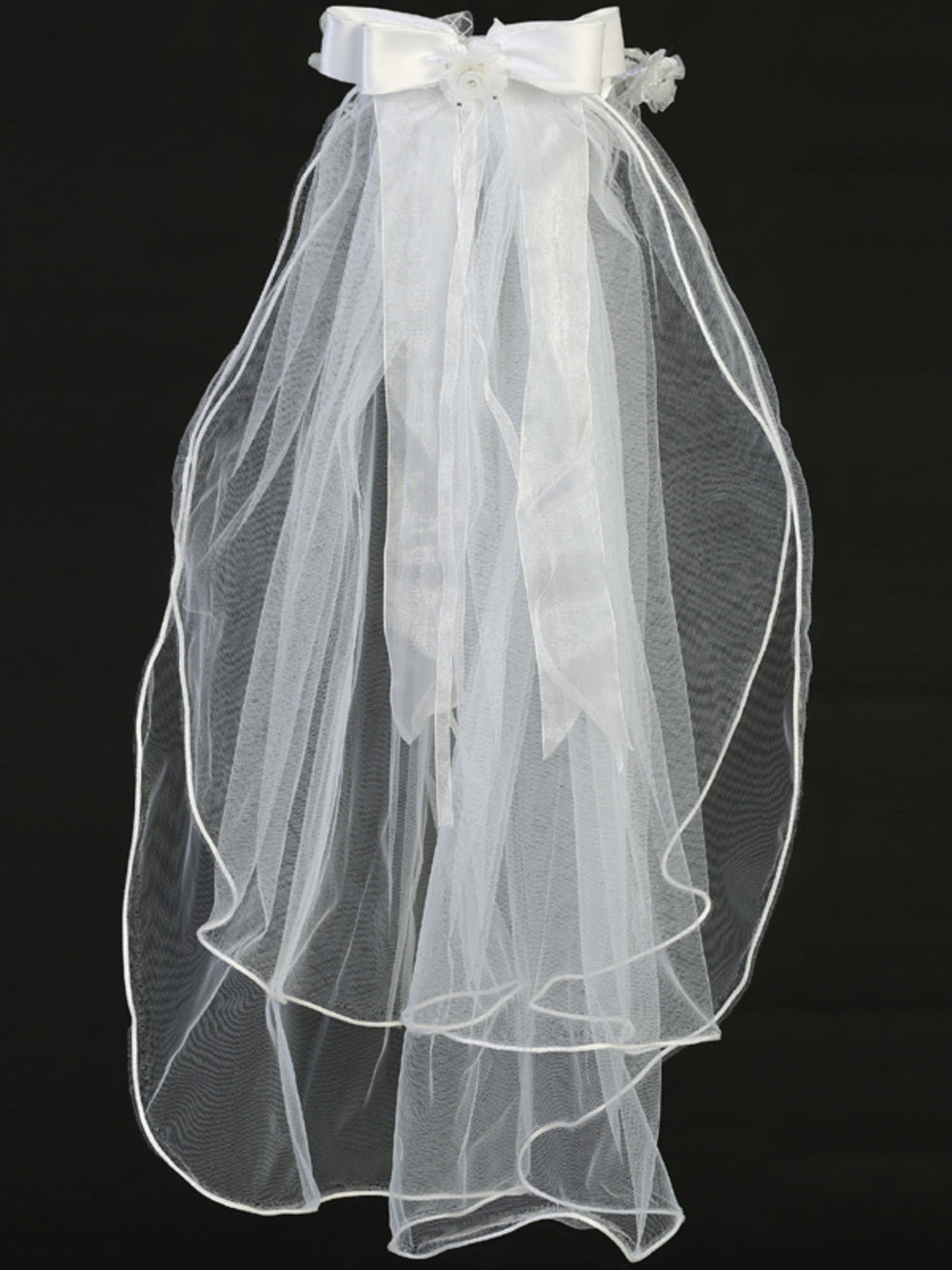 T-426 - 24" Organza Flower & Lace Ribbon Communion Veil - white - T 426 full back