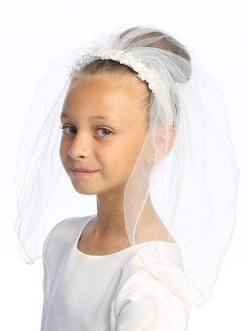 T-43 - 18" Floral Headband Communion Veil - white - T 43 Front