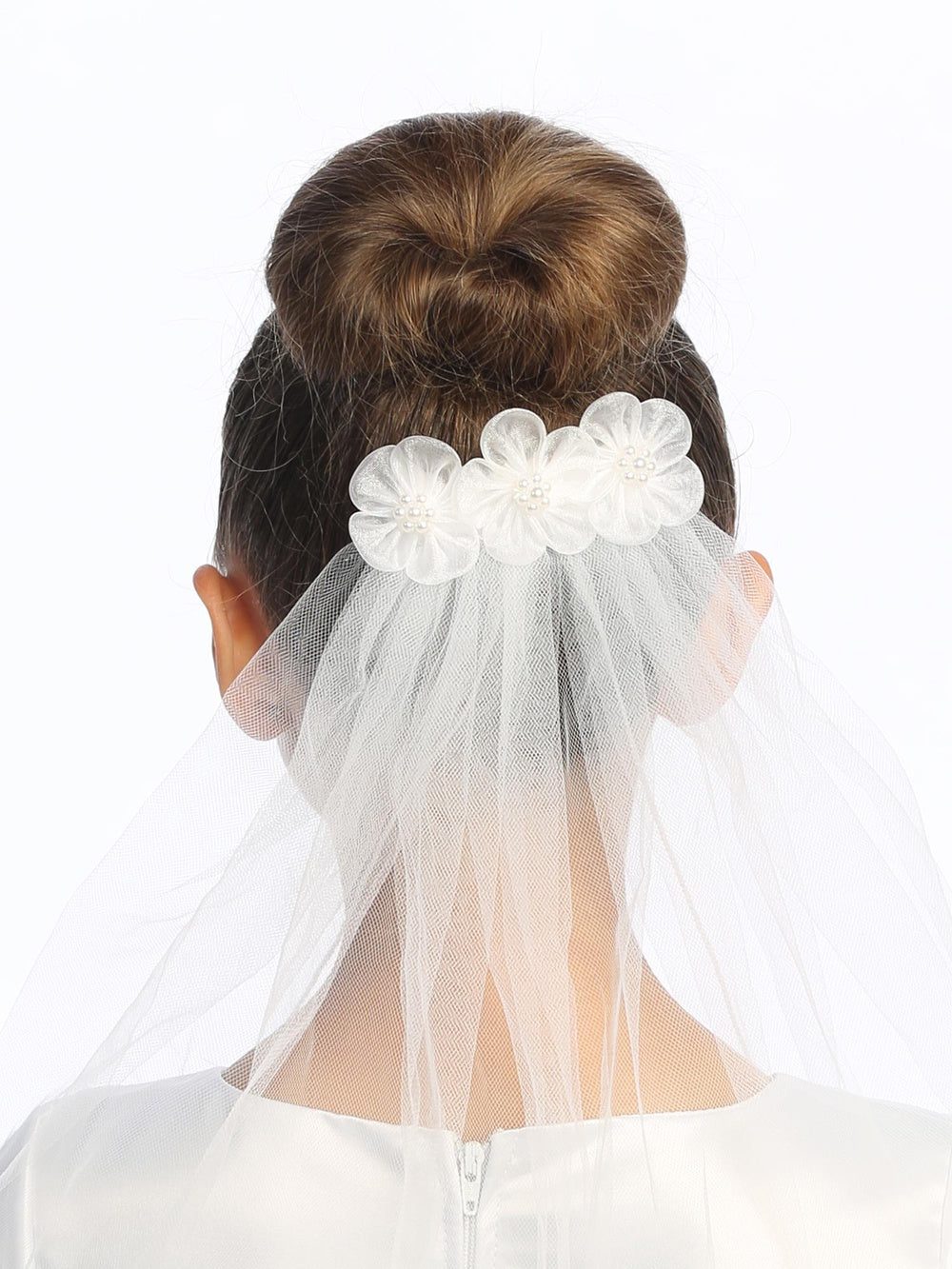 T-47 - 18" Organza Flower & Pearl Comb Communion Veil - white - T 47 Back