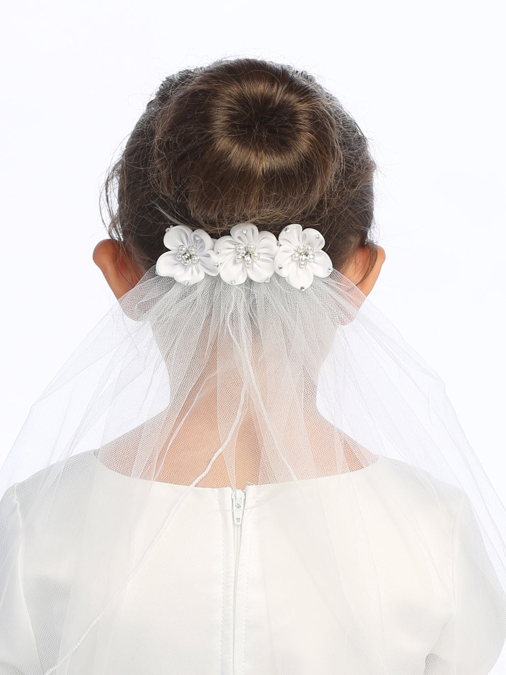 T-49 - 18" Satin Flower & Rhinestone Comb Communion Veil - white - T 49 Back