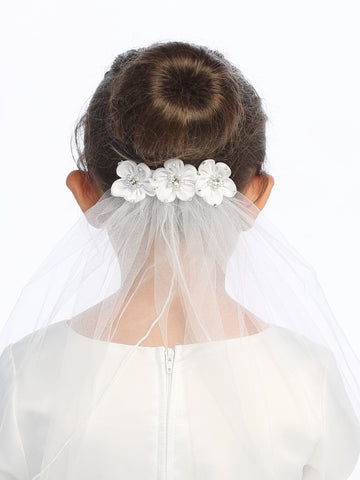 T-49 - 18" Satin Flower & Rhinestone Comb Communion Veil - white - T 49 Back
