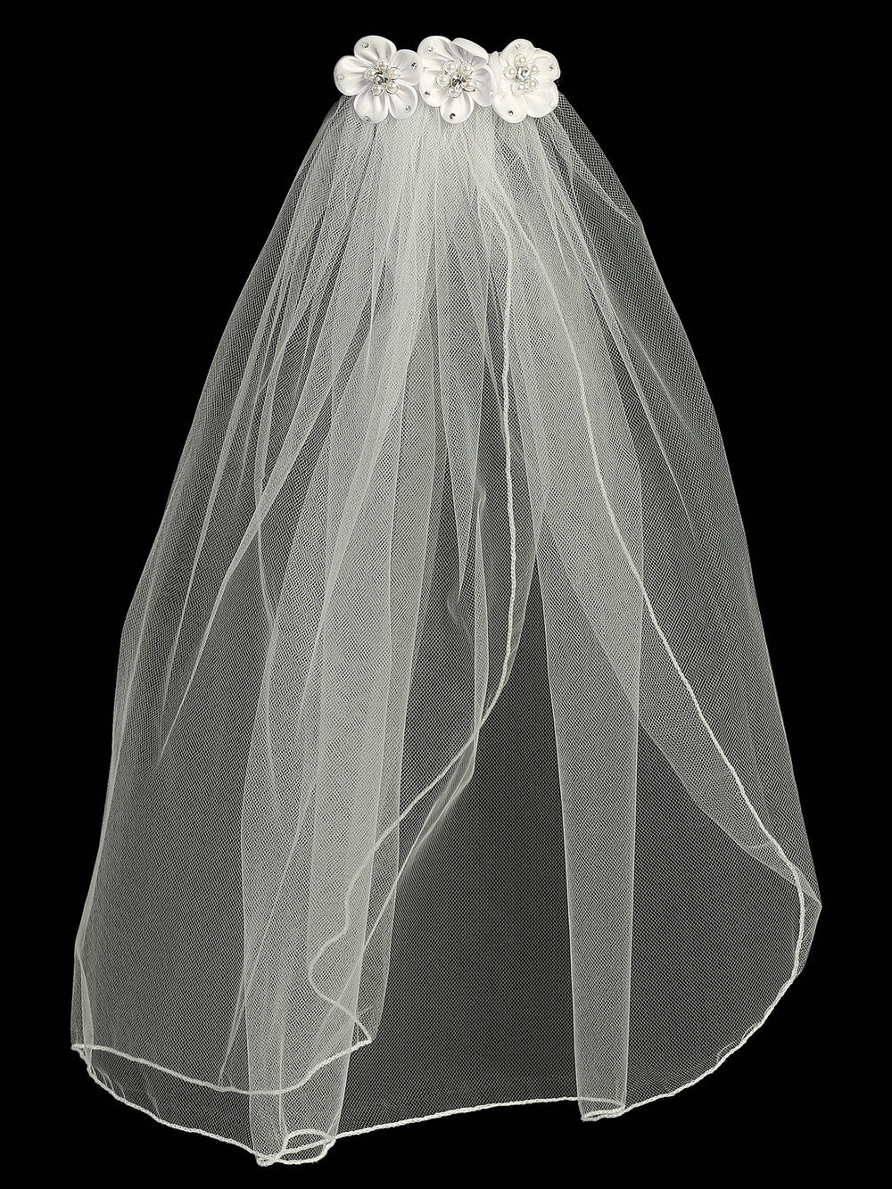 T-49 - 18" Satin Flower & Rhinestone Comb Communion Veil - white - T 49 Full