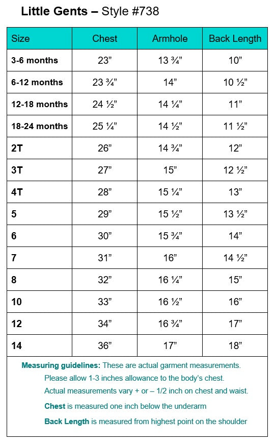 Lito 738 satin vest set size chart