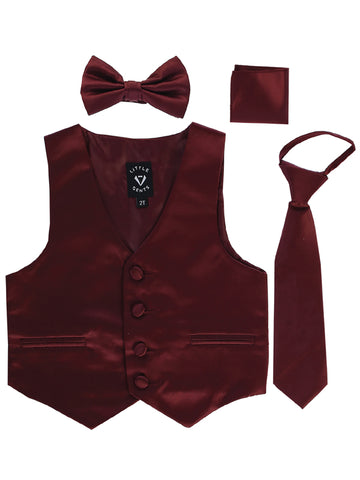 Boys burgundy satin vest with matching necktie, bow tie and hanky