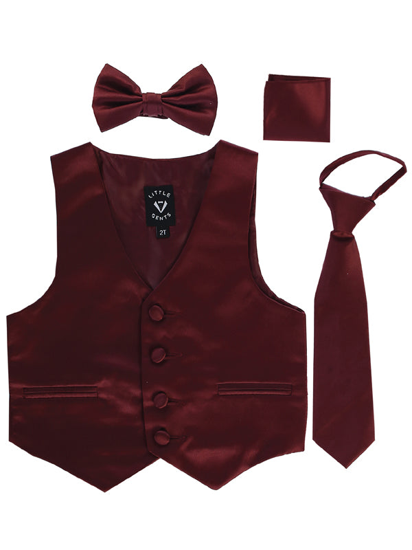 Boys burgundy satin vest with matching necktie, bow tie and hanky
