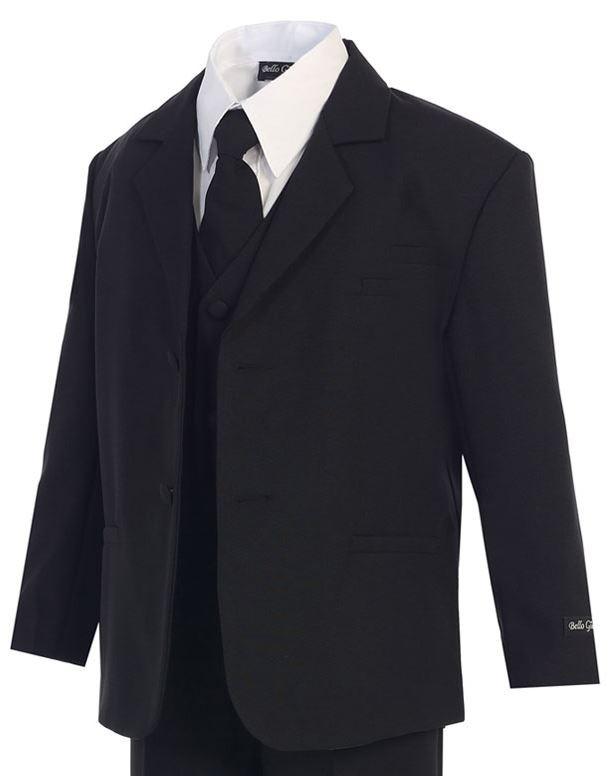 Complete Boys Black Suit on Mannequin - Jacket, Pants, Vest, White Shirt, and Tie for Weddings and Formal Events
