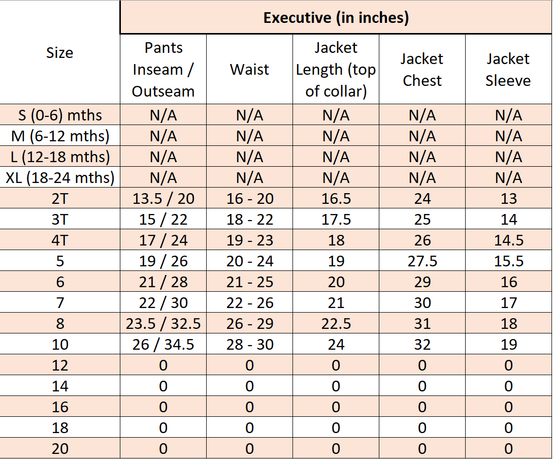 Kids Black Suit Measurement Chart