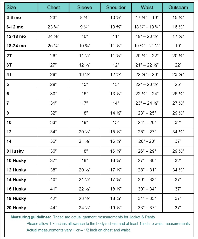 Childs Dark Grey Suit Measurement Chart