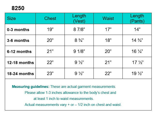 Size chart for Baby Boys Baptism Outfit with Pants, showing chest, vest length, waist, and pants length for ages 0-24 months.