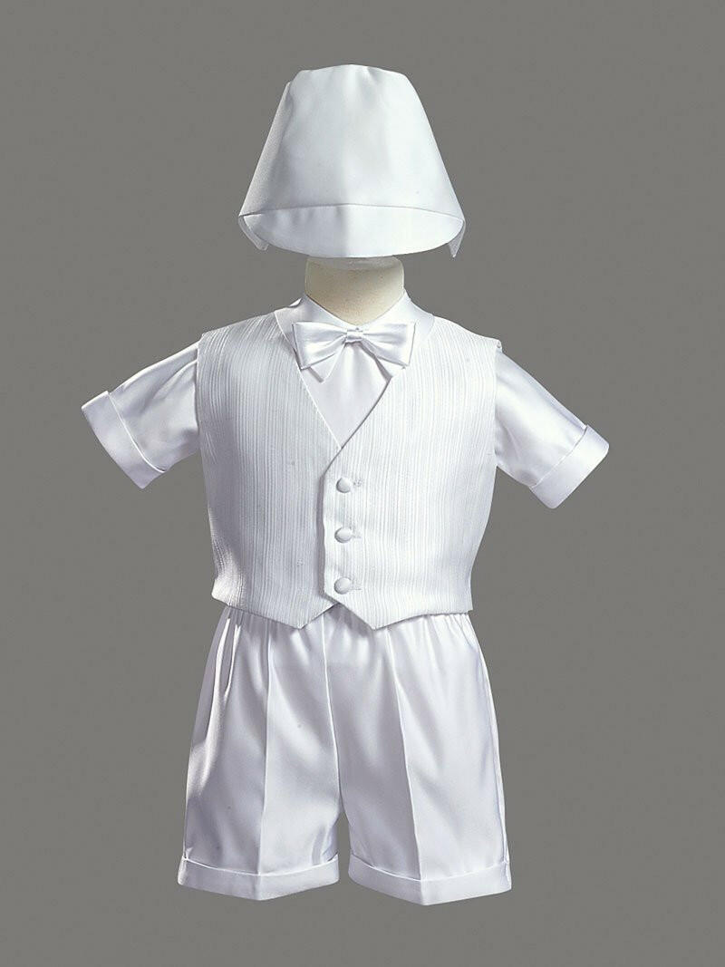 Charming Baby Boys Baptism Outfit complete set with white vest, bow tie, shirt, shorts, and hat displayed on mannequin. Perfect for christenings.