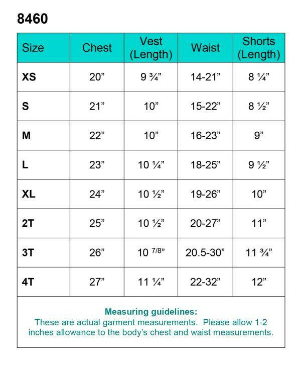 Size chart for Baby Boys Baptism Outfit 8460 showing chest, vest, waist, and shorts measurements from XS to 4T for accurate fit selection.