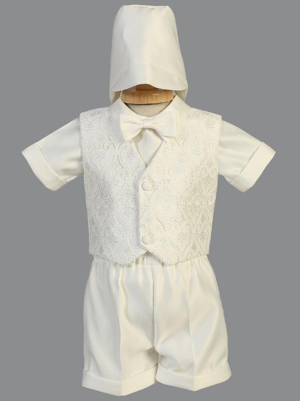 A beacon of purity: baby boy in (8475) baptism ensemble with shorts.