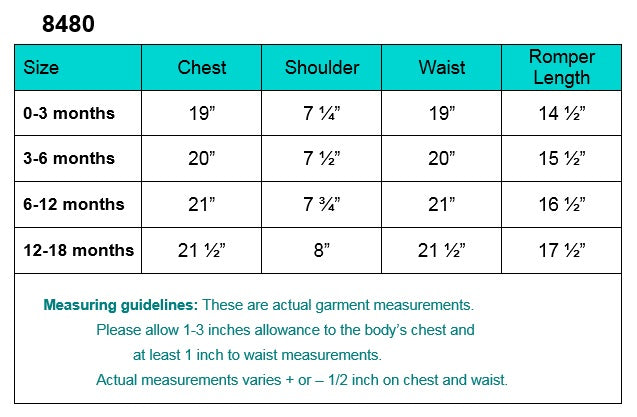 Size chart for Baby Boys White Baptism Romper 8480, showing chest, shoulder, waist, and romper length for ages 0-18 months.