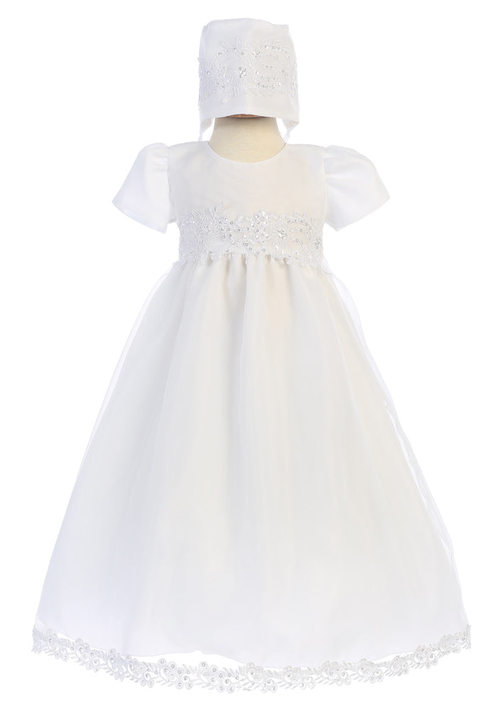 Front view of Girls Baptism Gown - Baby Girls Christening dress with embroidered lace bodice and bonnet, available in sizes 0-18 months.