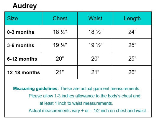 Size chart for Girls Baptism Gown - Baby Girls Christening dress, showing chest, waist, and length measurements for sizes 0-18 months.