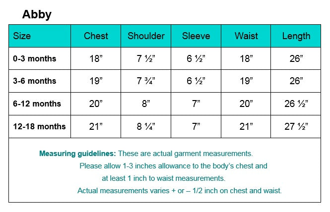 Abby baptism gown size chart showing chest, shoulder, sleeve, waist, and length measurements for ages 0-18 months, aiding in accurate fit selection.