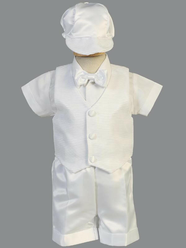 Stylish Aiden boys baptism outfit by Malcolm Royce featuring a white organza vest, satin shorts, bow tie, and matching hat. Ideal for christenings.