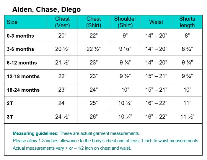 Size chart for Diego/Corey baby boys white baptism outfit with shorts, detailing chest, shoulder, waist, and shorts length for 0-3 months to 3T.