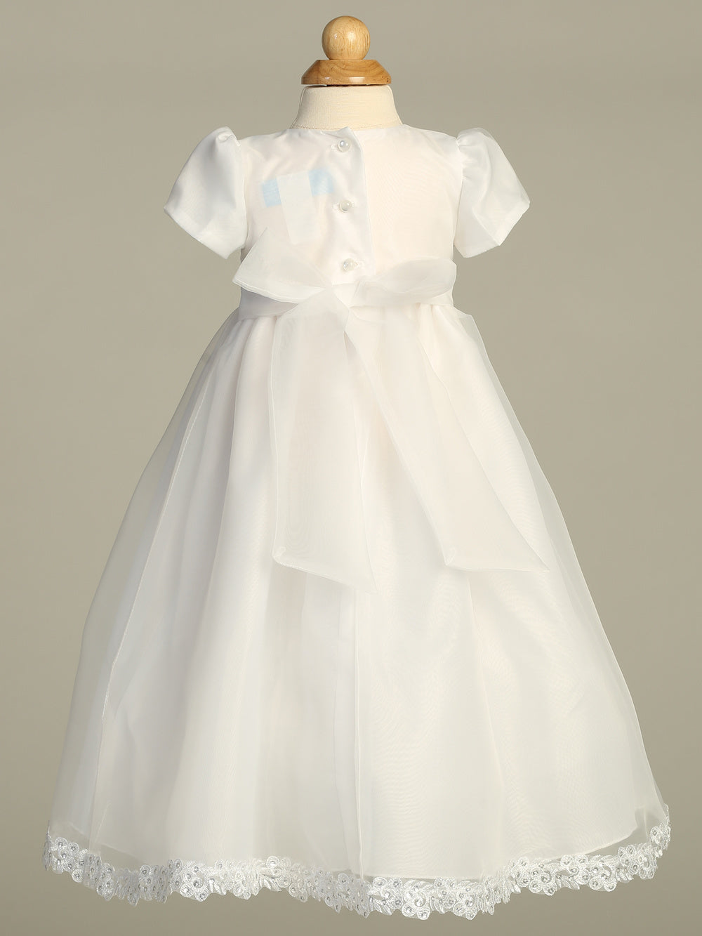 Back view of Girls Baptism Gown - Baby Girls Christening dress featuring a satin bow and lace hem, perfect for ceremonial occasions.