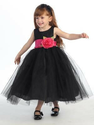 Elegant black flower girl dress with full tulle skirt and fuchsia sash featuring a detachable flower, perfect for weddings and formal events.