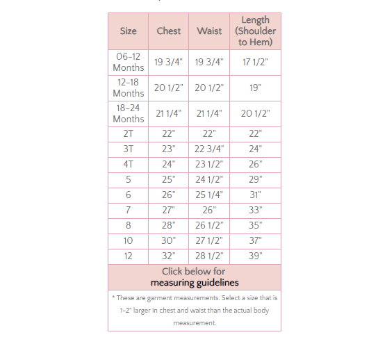 Size chart for Malcolm Royce pink flower girl dress with chest, waist, and length measurements from 6 months to size 12 for accurate fit.