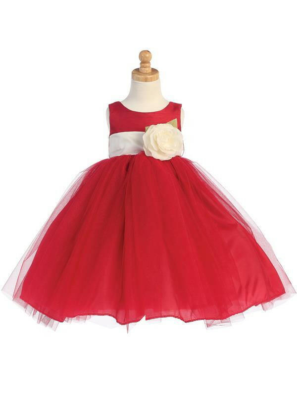 Red Flower Girl Dress with Customizable Sash by Malcolm Royce featuring a full tulle skirt and detachable ivory flower on waistband.