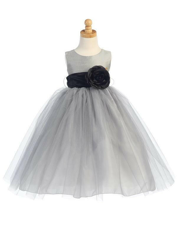 Elegant Silver Flower Girl Dress with black sash and flower by Malcolm Royce, featuring a full tulle skirt and sleeveless poly silk bodice.
