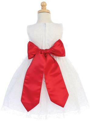 Back view of White Glitter Tulle Flower Girl Dress featuring a large red satin bow sash, ideal for bridal party attire.