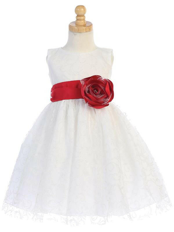 White Glitter Tulle Flower Girl Dress with red sash and rose flower by Malcolm Royce, perfect for weddings and special occasions.