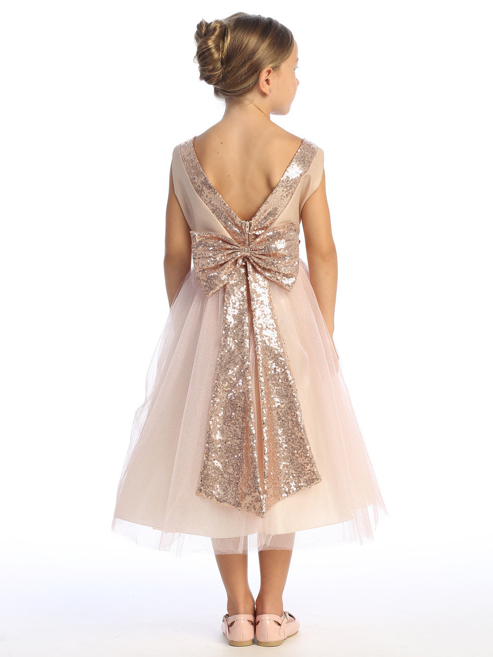 Blush shantung dress with sparkle tulle and sequins, a pastel dream for a flower girl.