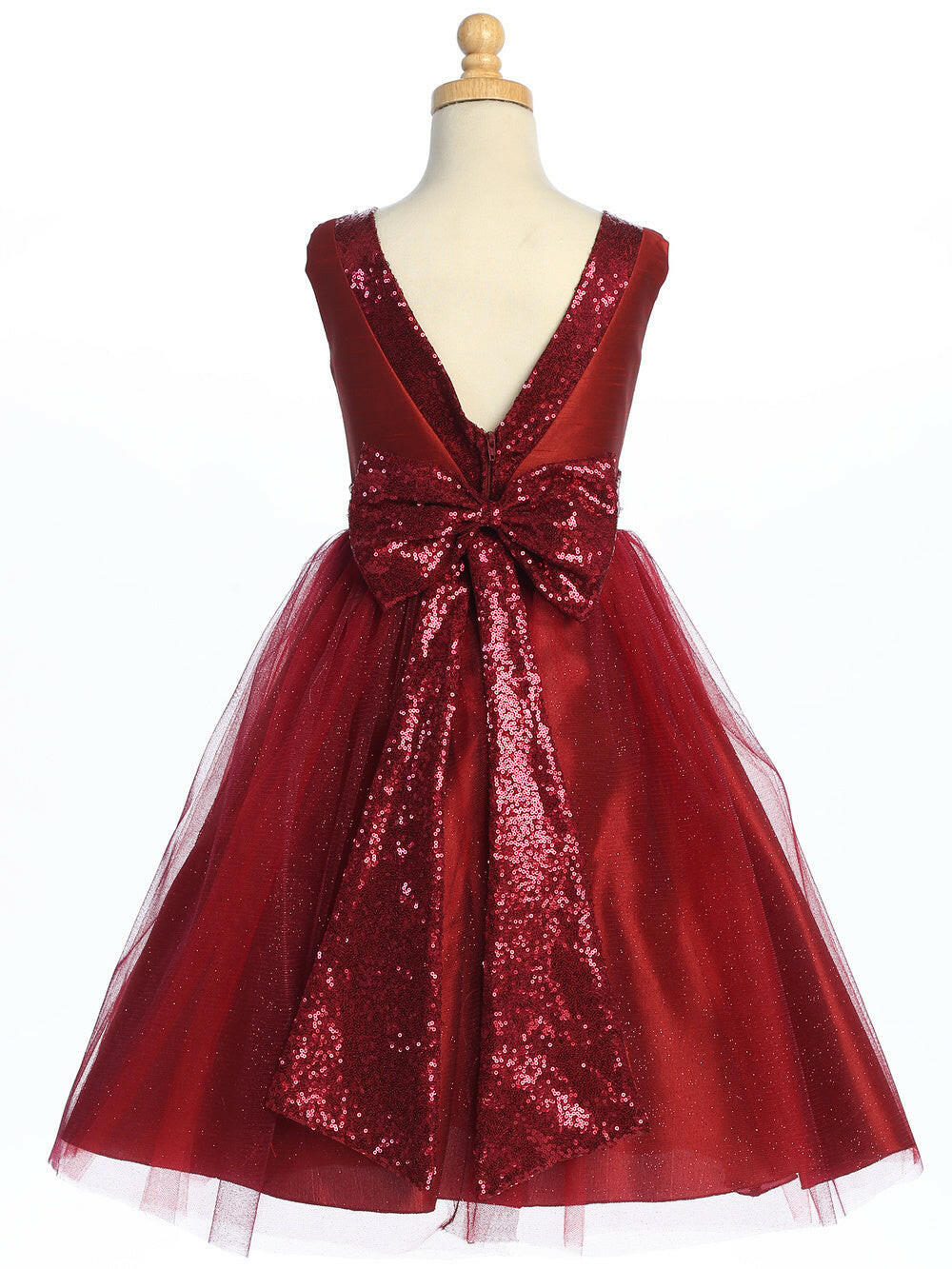 Back of Burgundy Flower Girl Dress on mannequin showcasing V-back and oversized sequin bow. Sparkle tulle adds charm to this bridal party dress.