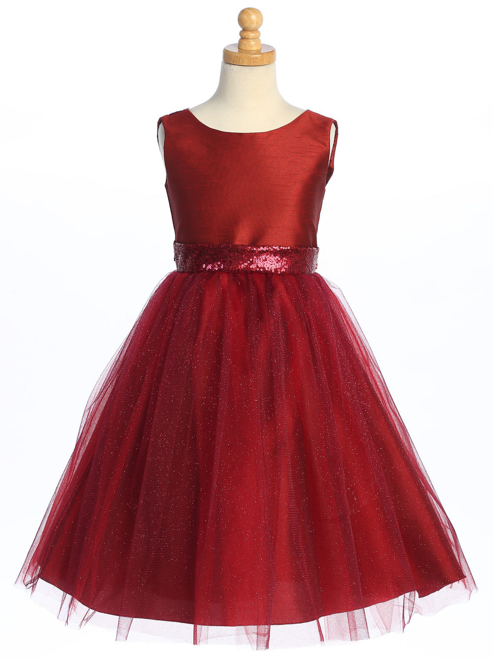 Burgundy shantung dress with sparkle tulle and sequins, a flower girl's dream.