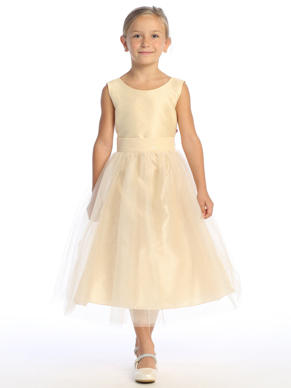 Flower girl glistens in champagne shantung dress with sequins and sparkle tulle.