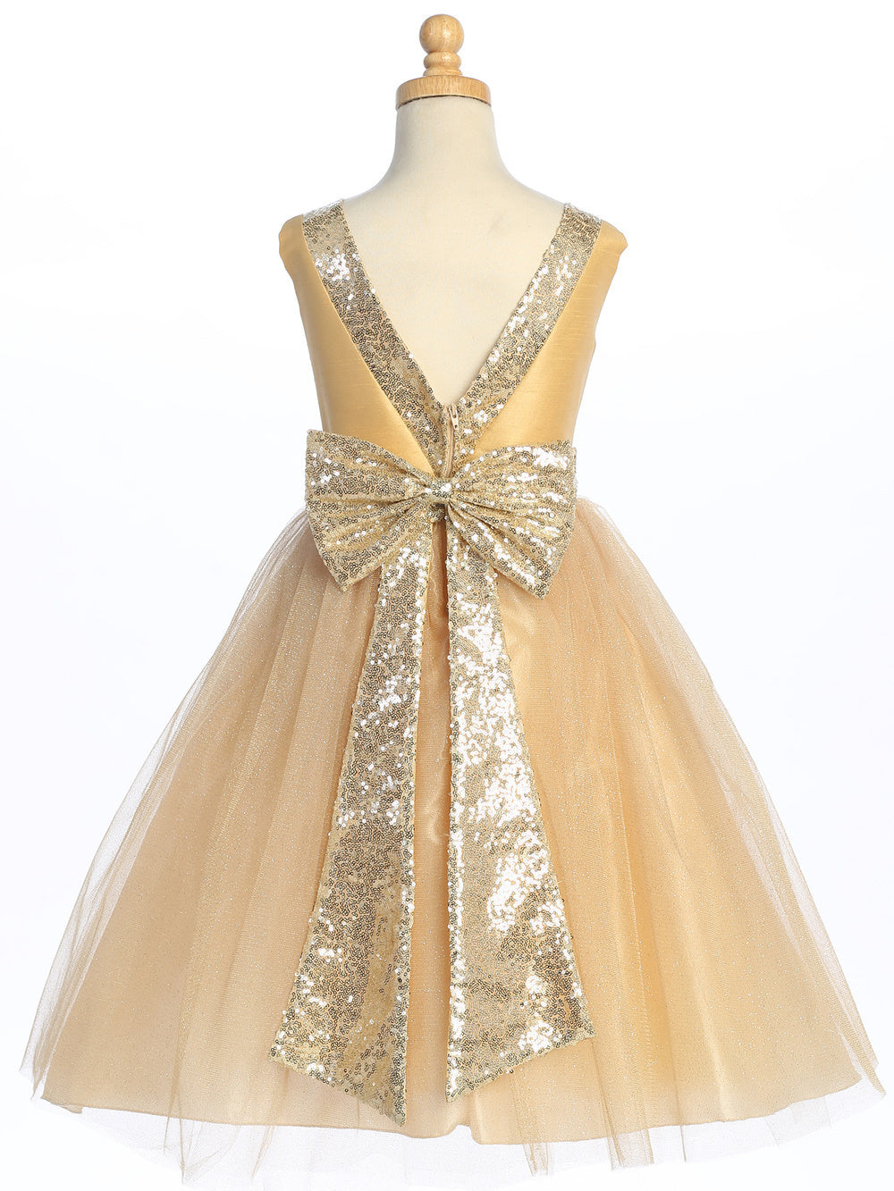 Gold shantung dress with sparkle tulle and sequins, a star-studded dream for a flower girl.