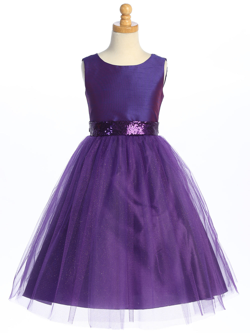 Purple shantung dress with sparkle tulle and sequins, a royal charm for a flower girl.
