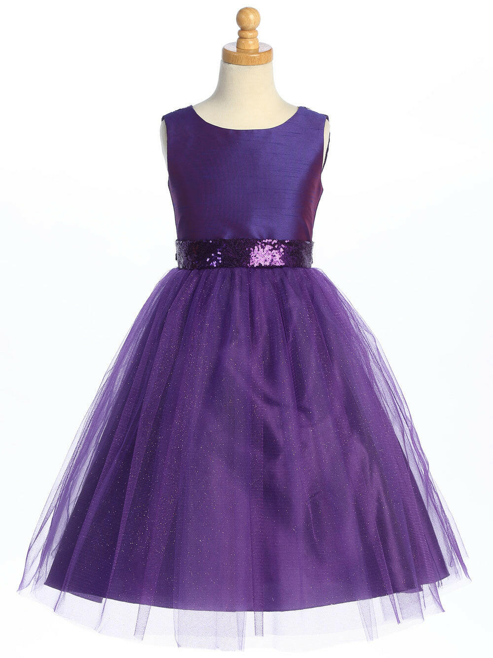 Front view of Elegant Purple Flower Girl Dress on mannequin with shantung bodice, sequin waistband, and layered sparkle tulle skirt in tea length.