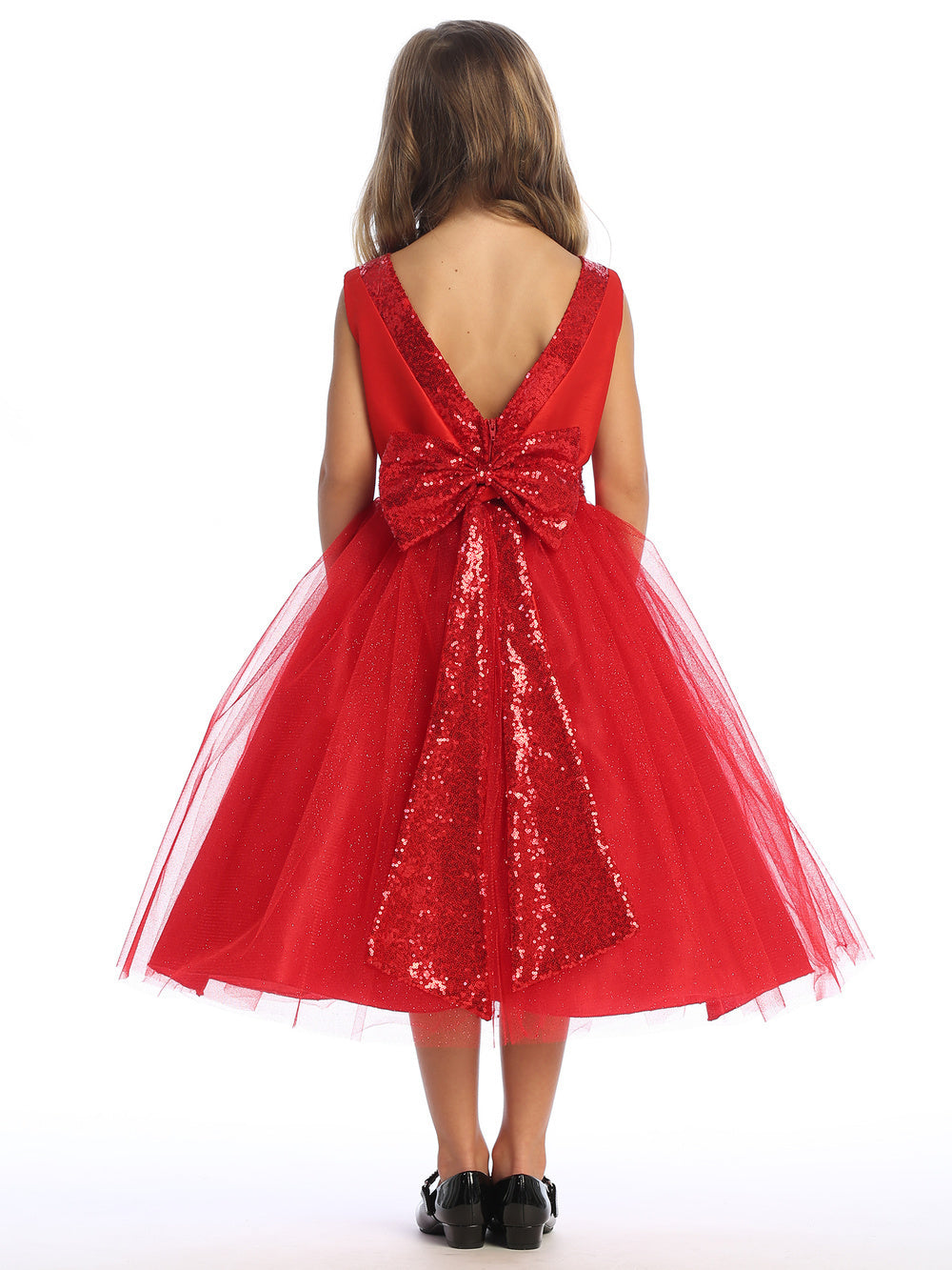 Resplendent in red, flower girl adorned in shantung dress with sparkle tulle and sequins.