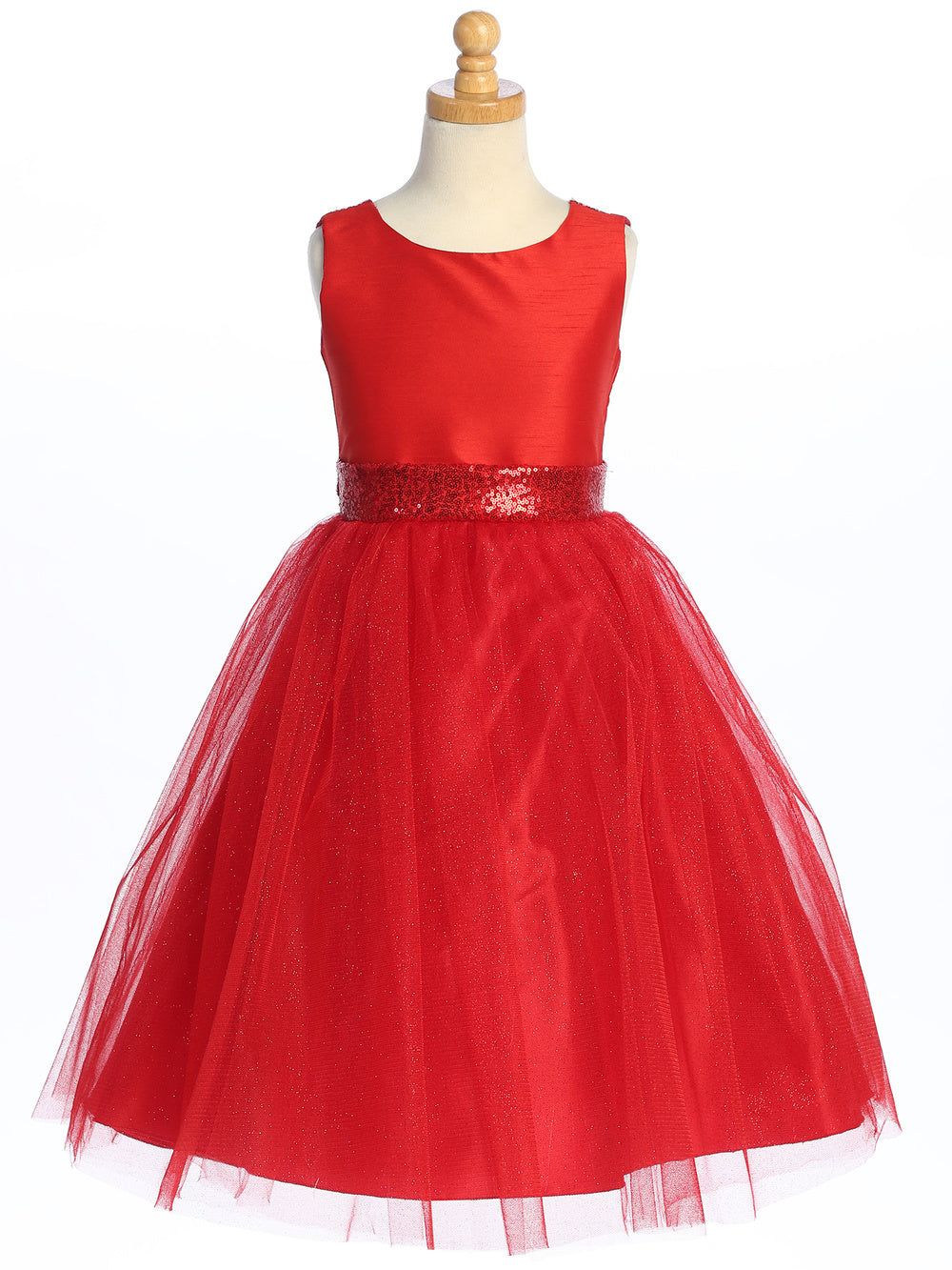 Red shantung dress with sparkle tulle and sequins, a fiery dream for a flower girl.