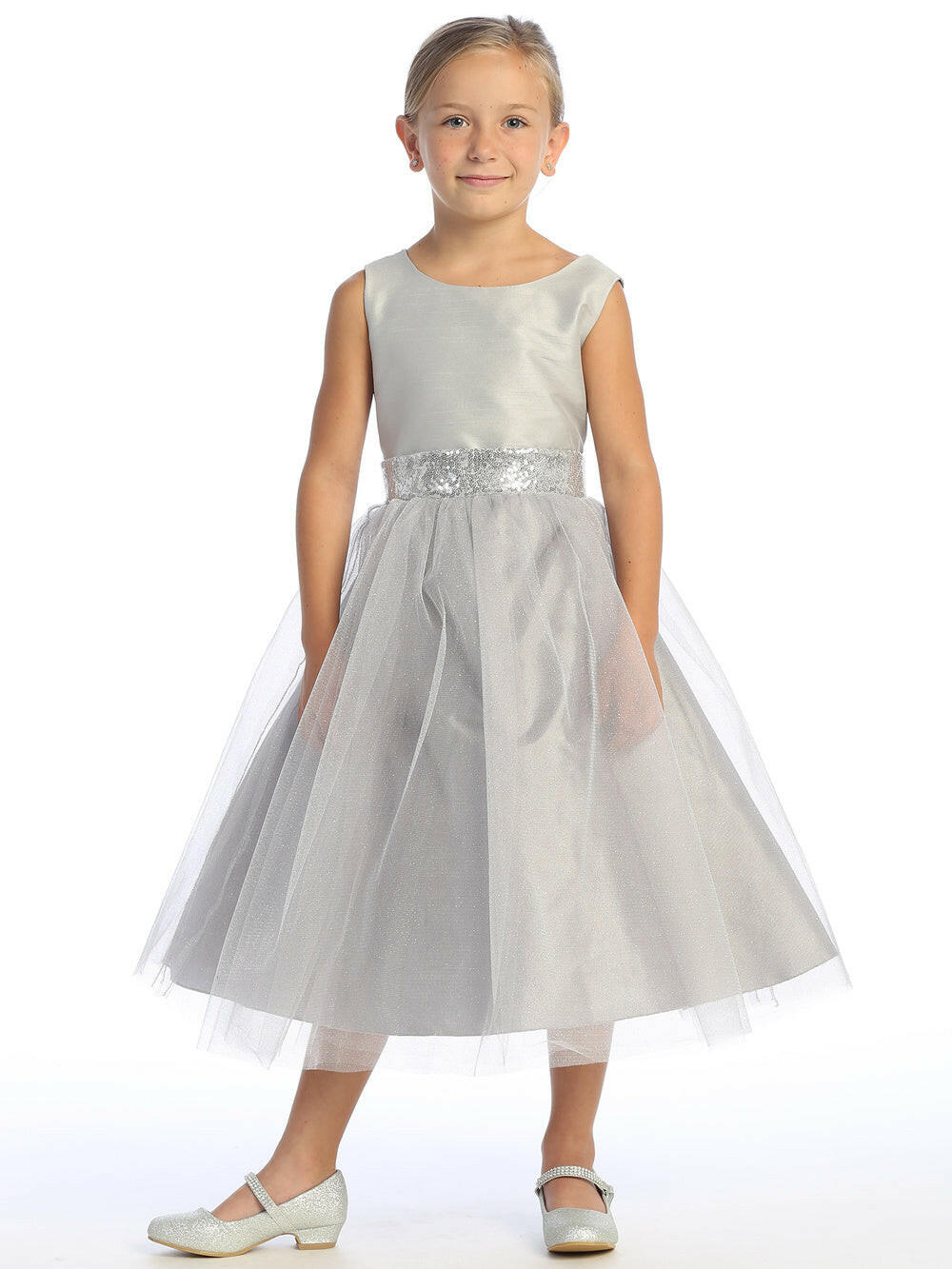 Enchanting Silver Flower Girl Dress with shantung bodice, sparkle tulle skirt, sequin waistband, and tea-length design for weddings.