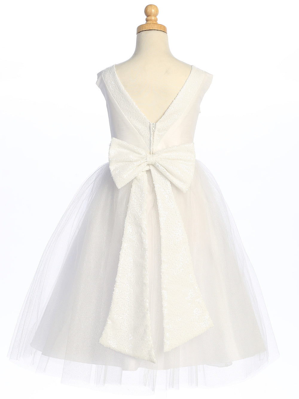 Innocence meets sparkle in flower girl's sequined shantung and tulle dress.