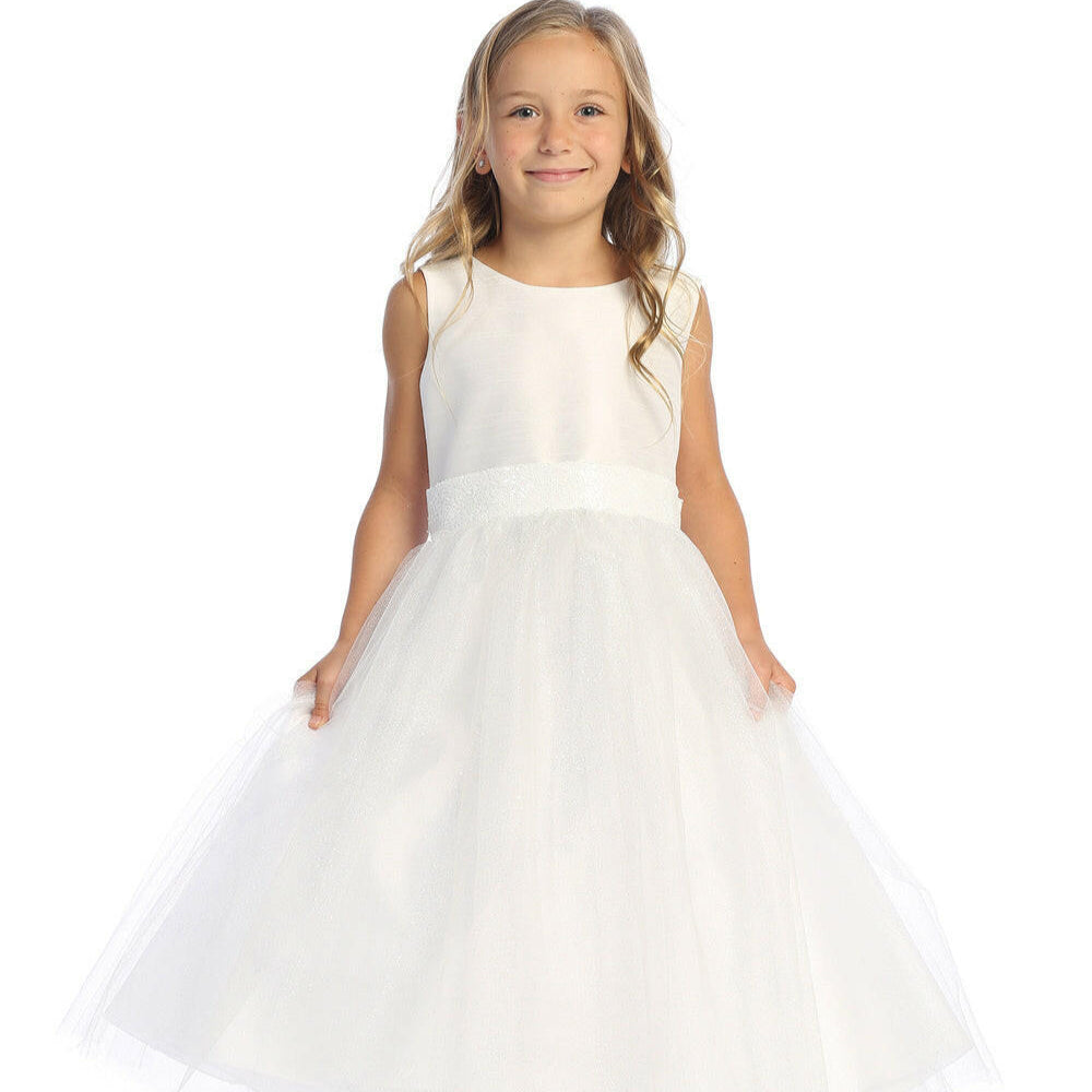Flower girl dances in white shantung dress with sparkle tulle and sequins.