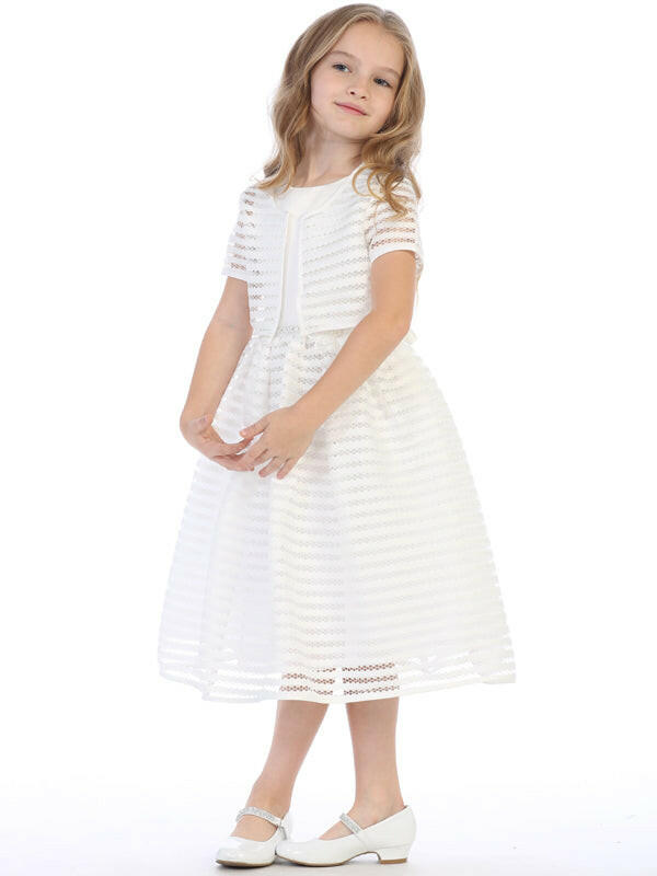 Ivory flower girl dress with matching short-sleeve bolero and striped netting skirt, perfect for bridal party attire by Malcolm Royce.