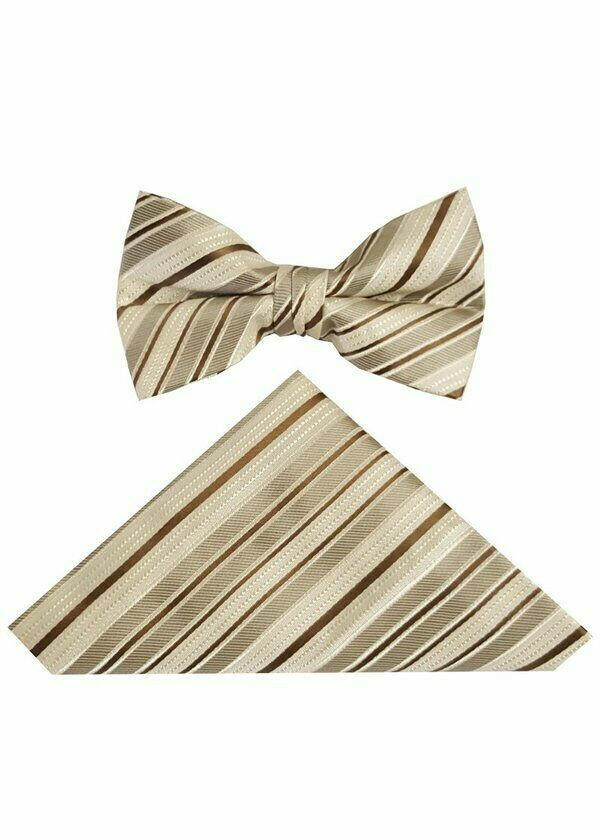 Beige and brown striped bow tie with matching pocket square, designed to complement the Elegant Boys Khaki Suit by Malcolm Royce.