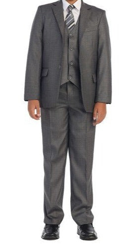 A young gentleman emanates timeless elegance in the 7PC Dark Grey Executive Suit.