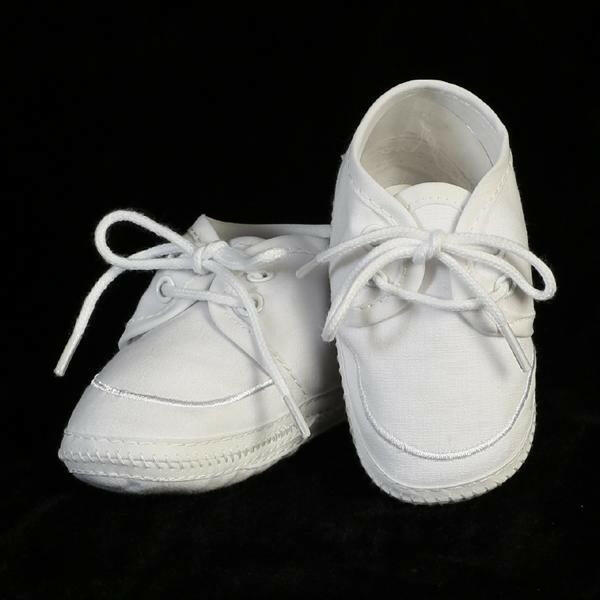 Comfortable cotton christening bootie for boys by Malcolm Royce in white, featuring soft fabric and lace-up design for baptism ceremonies.