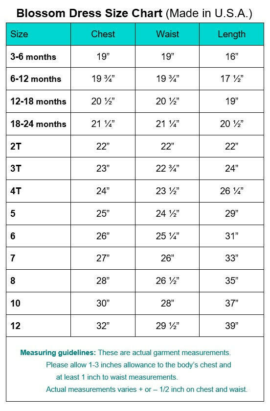 Blossom Dress Size Chart for Flower Girl Dresses made in the USA, showing chest, waist, and length measurements from 3-6 months to size 10.