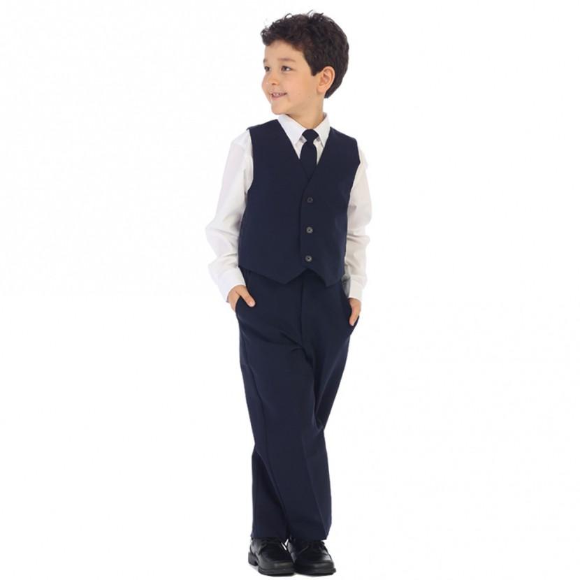 The Classic Slim navy suit, a silhouette of chic elegance for a young man.